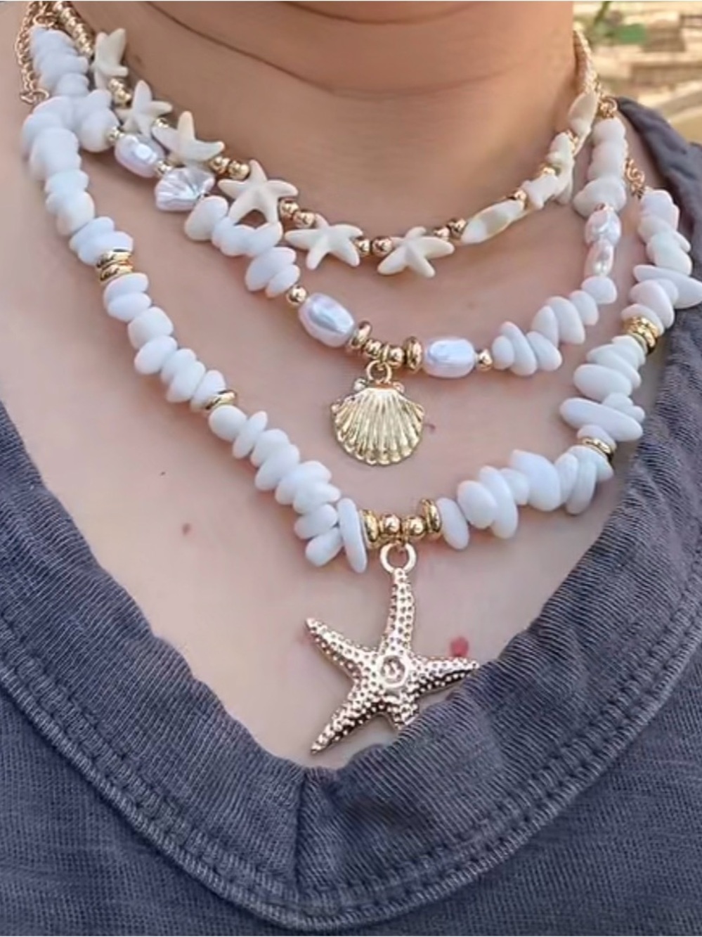 3 pcs White Shell & Starfish Layered Necklace Set - Gold Accents